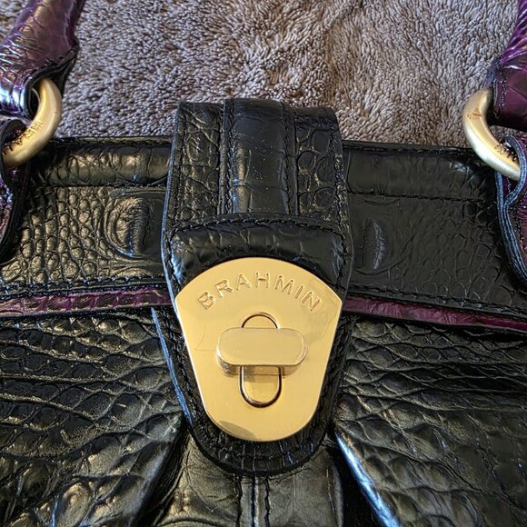 RARE Brahmin Adora Black & Purple Croc Embossed Leather Satchel Gold Chain - Picture 11 of 16